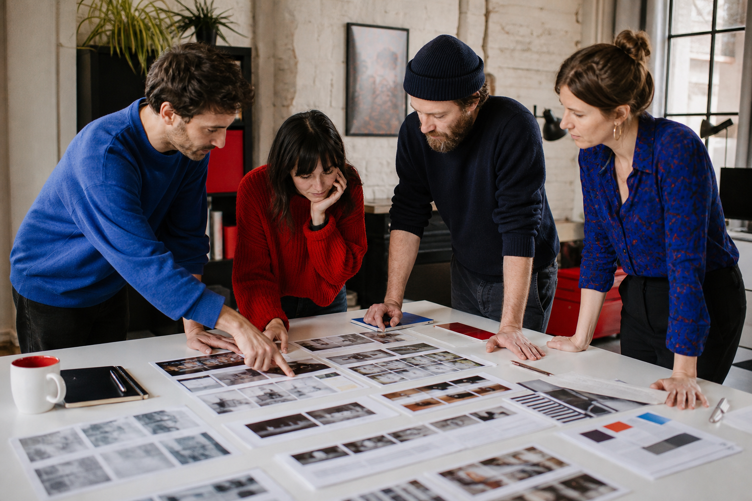 Équipe Editmuse autour d’un storyboard